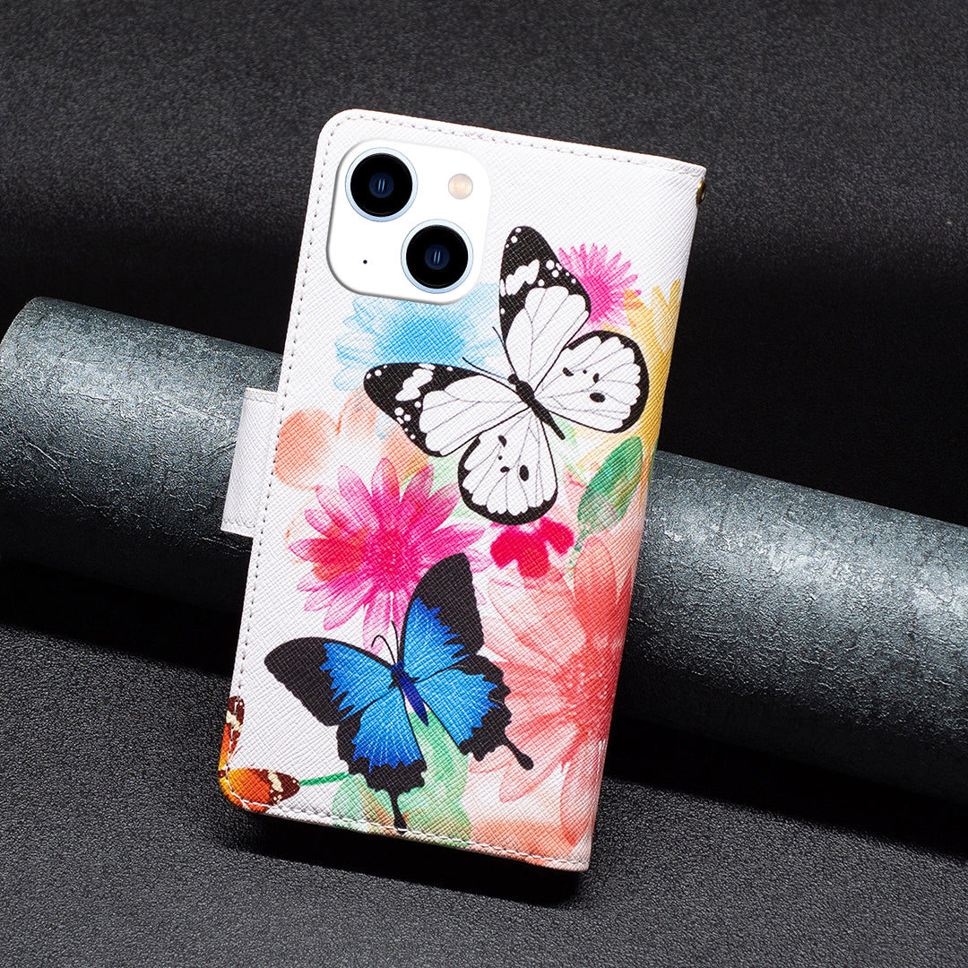 BF03 PU Leather Zipper Pocket Phone Case for iPhone 15 , Pattern Printing Stand Wallet Cover - Two Butterflies BF03 PU Leather Zipper Pocket Phone Case for iPhone 15 , Pattern Printing Stand Wallet Cover - Two Butterflies